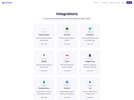 Screenshot of the Integrations page from the Dovetail website.