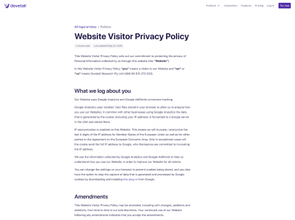 Screenshot of the Privacy Policy page from the Dovetail website.