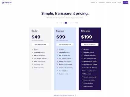 Screenshot of the Pricing page from the Dovetail website.