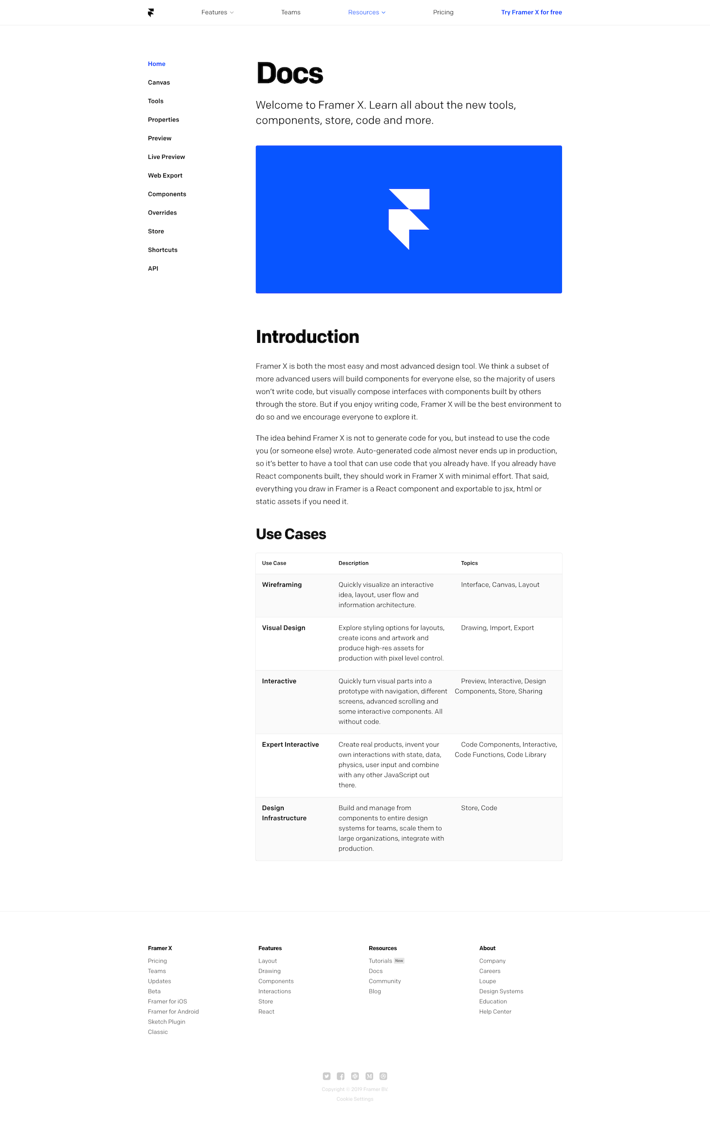Screenshot of the Docs page from the Framer website.