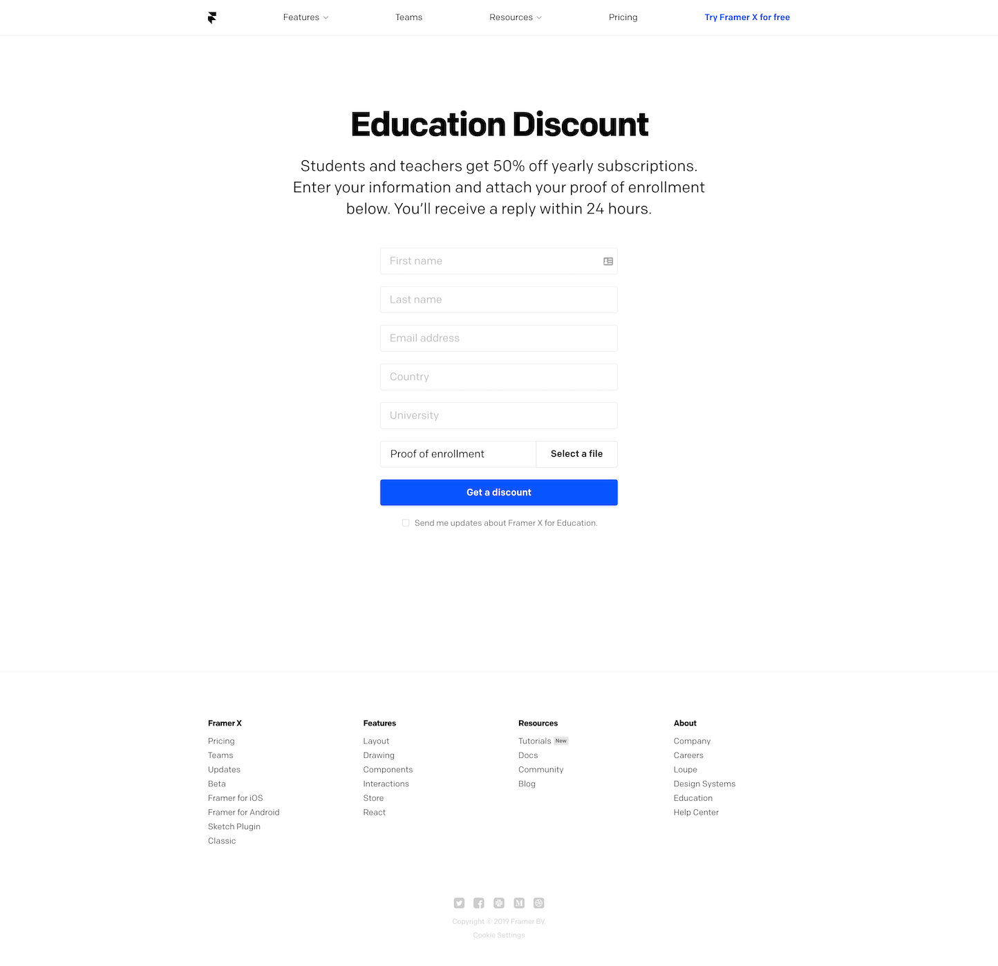 Screenshot of the Educational Discount page from the Framer website.