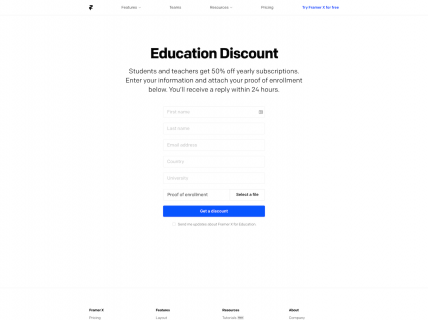 Screenshot of the Educational Discount page from the Framer website.