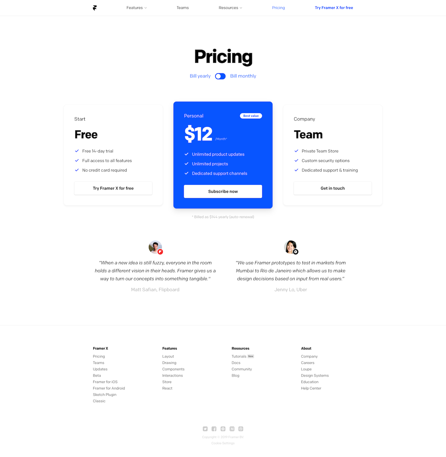 Screenshot of the Pricing page from the Framer website.