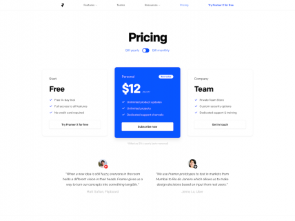 Screenshot of the Pricing page from the Framer website.