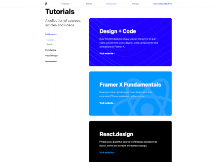 Screenshot of the Tutorials page from the Framer website.
