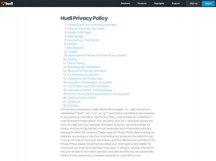 Screenshot of the Privacy page from the Hudl website.
