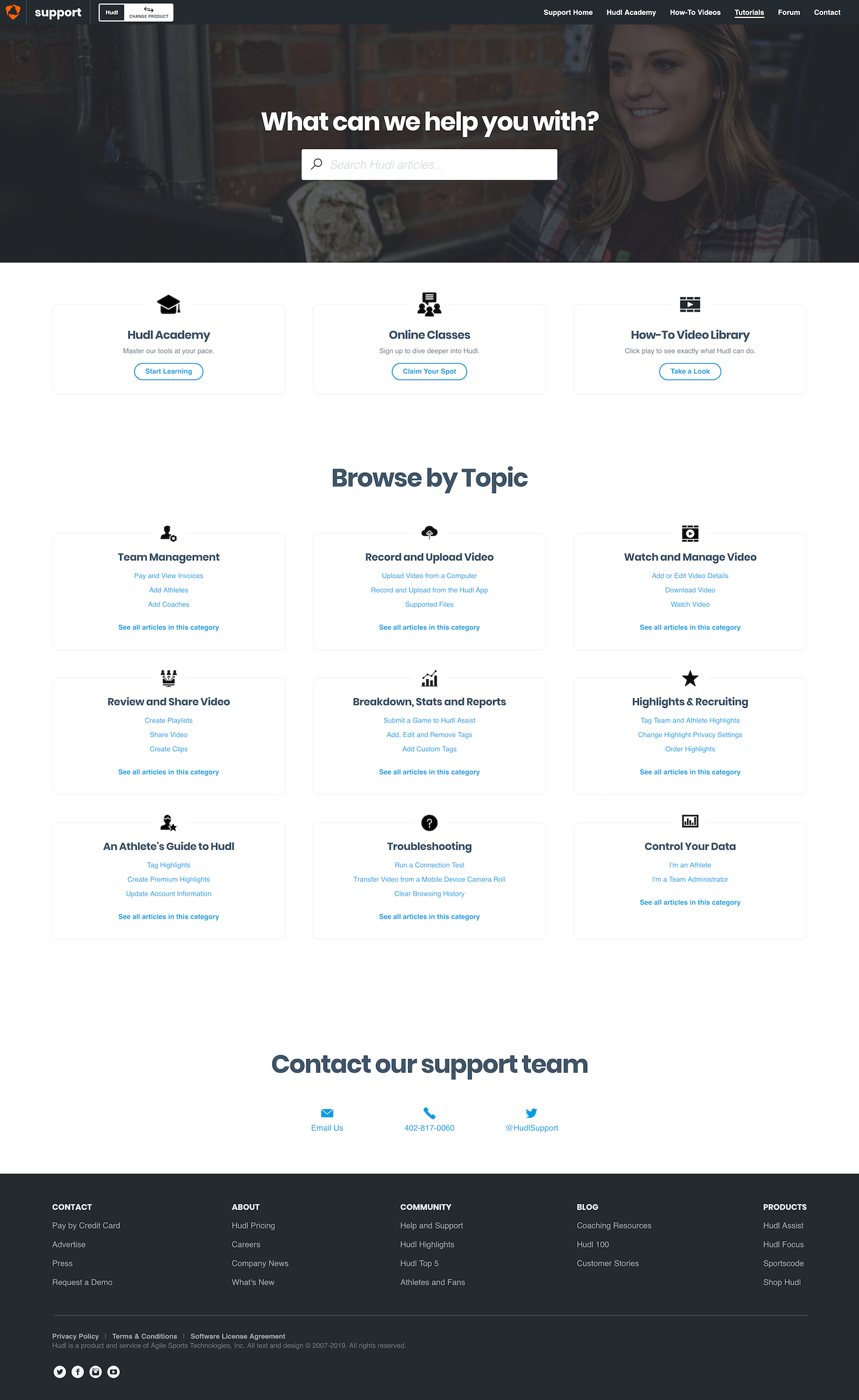 Screenshot of the Support page from the Hudl website.
