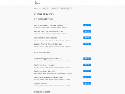 Screenshot of the Jobs page from the Carta website.