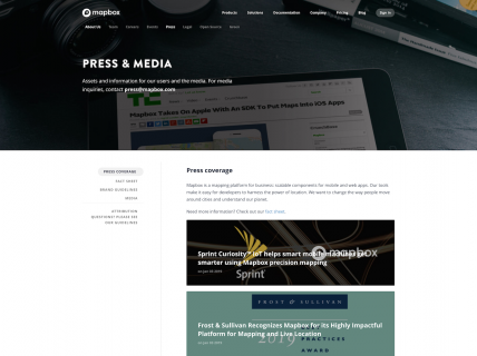Screenshot of the Press & Media page from the Mapbox website.