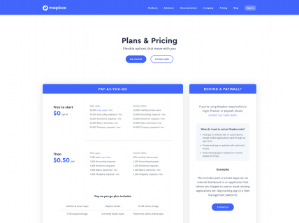 Screenshot of the Plans & Pricing page from the Mapbox website.