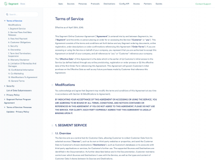 Screenshot of the Terms of Service page from the Segment website.