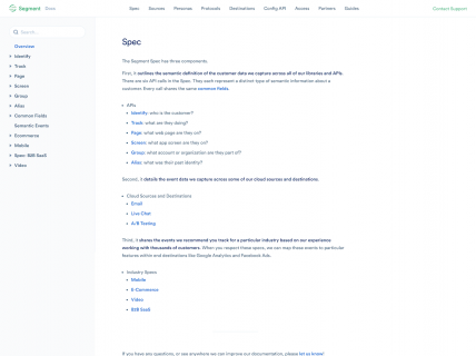 Screenshot of the Docs - Spec page from the Segment website.