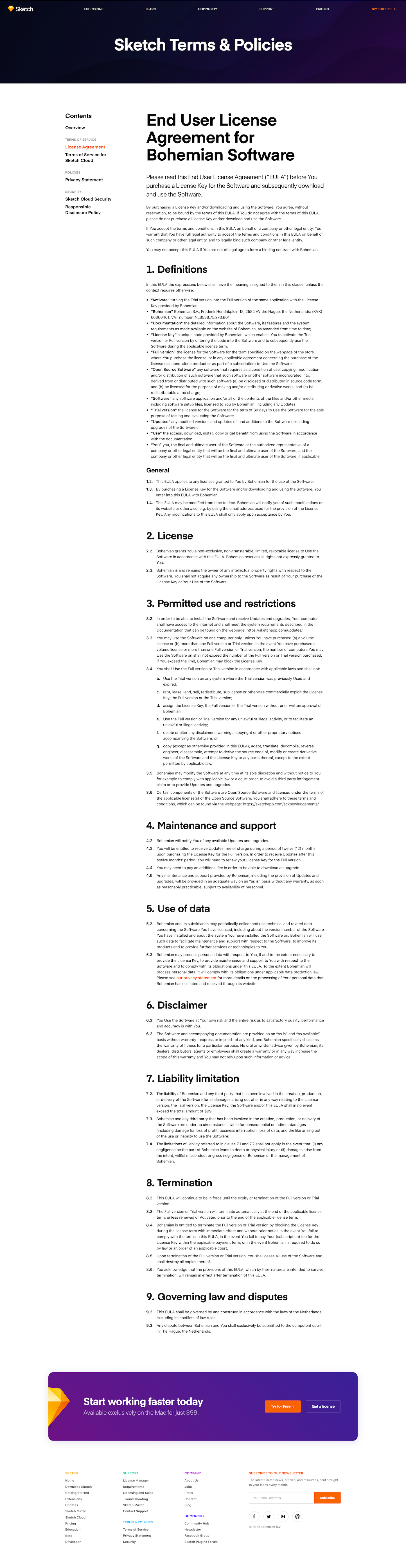 Screenshot of the Terms & Policies page from the Sketch website.