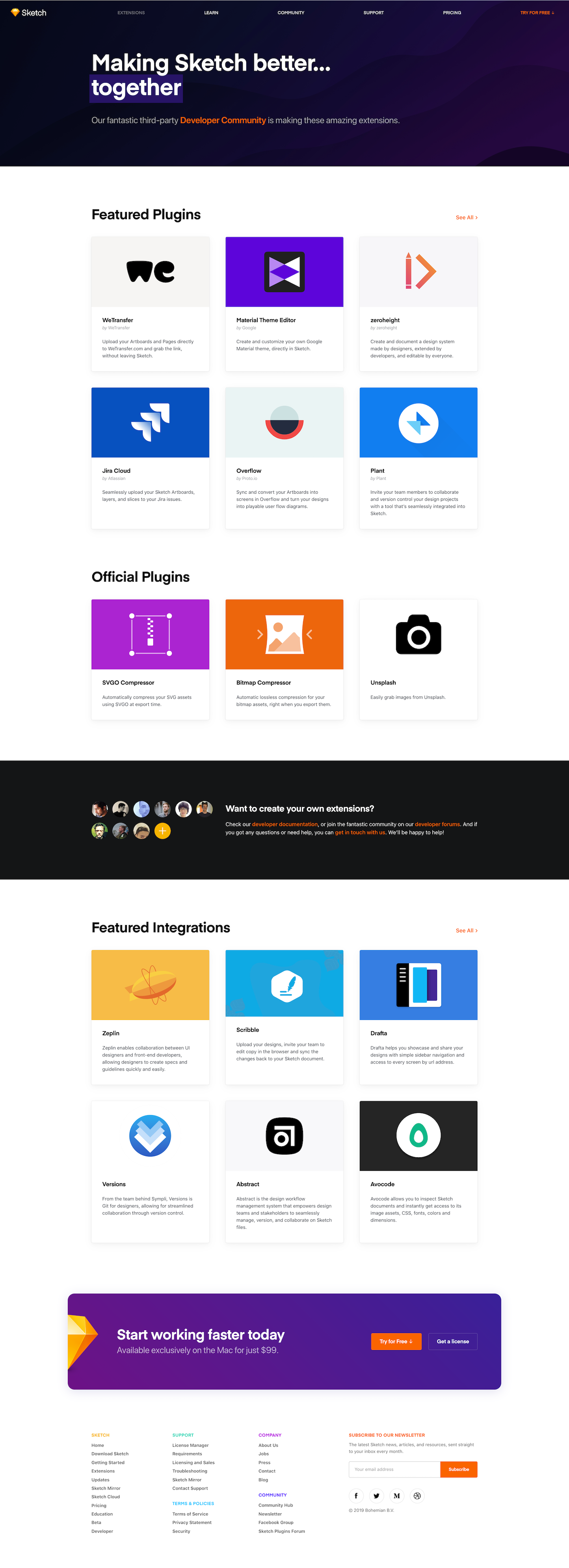 Screenshot of the Extensions page from the Sketch website.