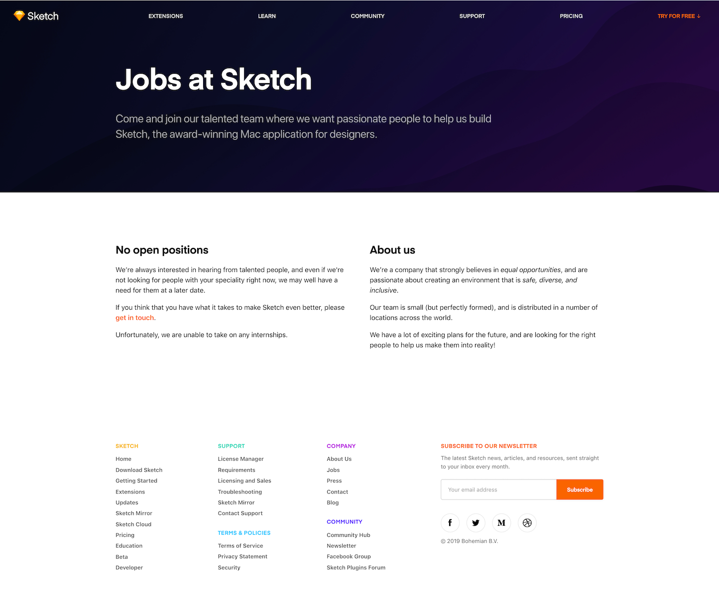 Screenshot of the Jobs page from the Sketch website.