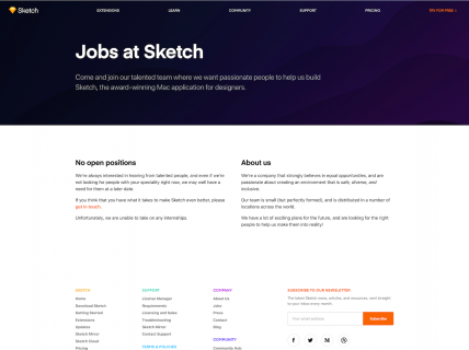 Screenshot of the Jobs page from the Sketch website.