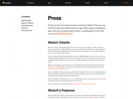 Screenshot of the Press page from the Sketch website.