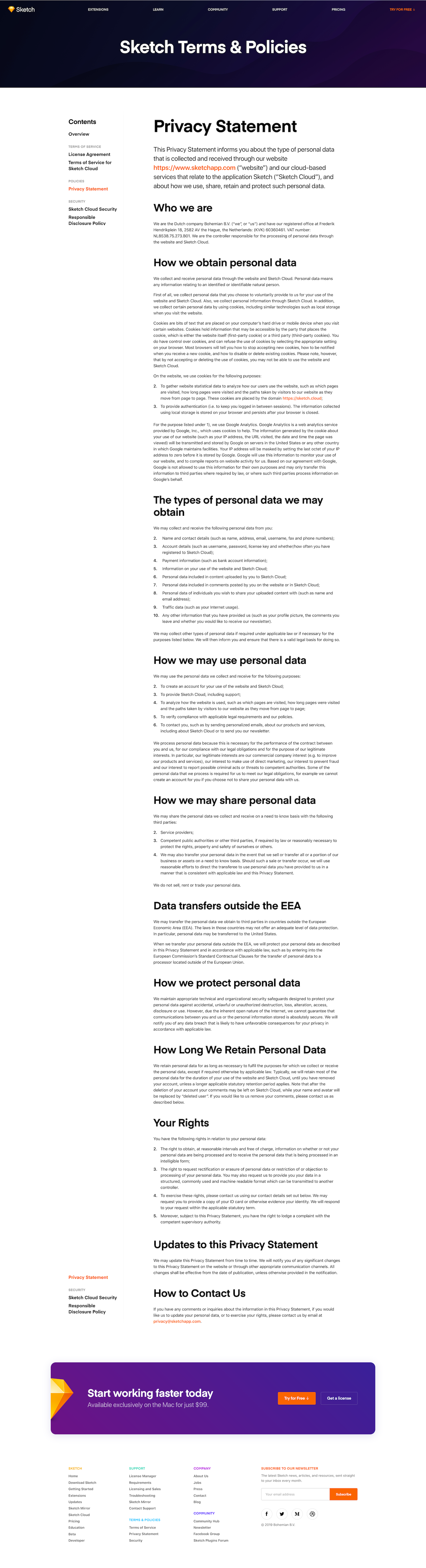 Screenshot of the Privacy Policy page from the Sketch website.