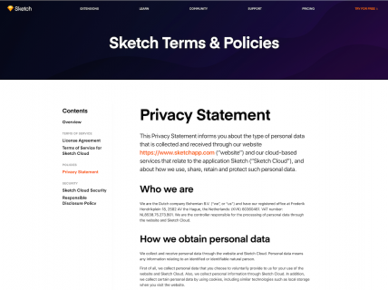 Screenshot of the Privacy Policy page from the Sketch website.