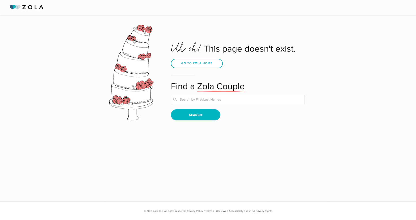 Screenshot of the 404 page from the Zola website.
