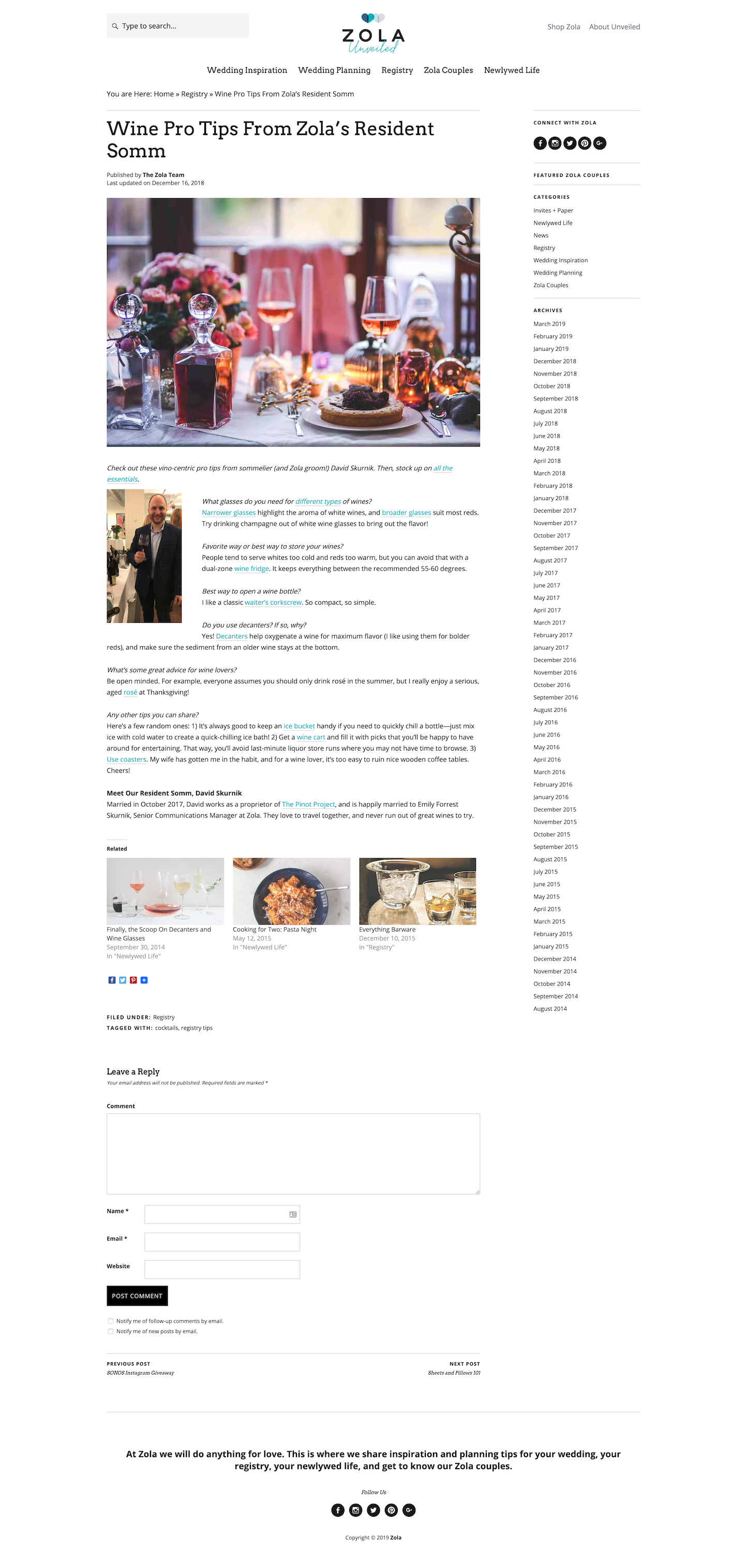 Screenshot of the Blog - Article page from the Zola website.