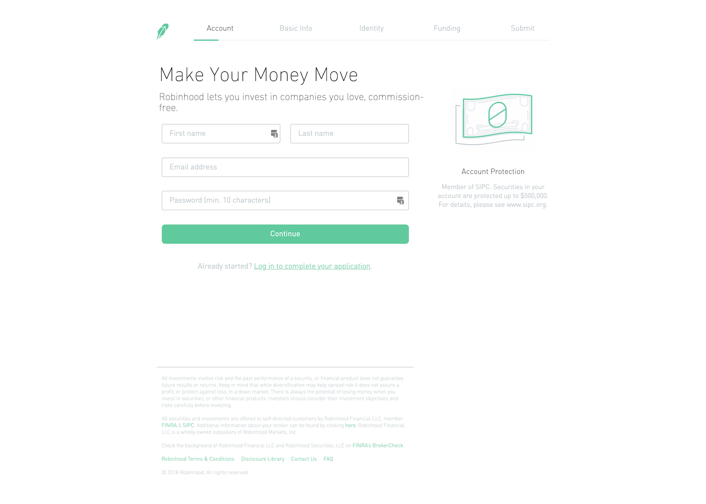 Screenshot of the Sign Up - Step 1 page from the Robinhood website.