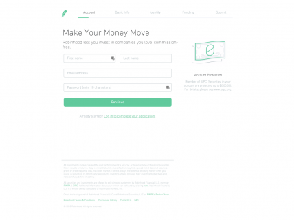 Screenshot of the Sign Up - Step 1 page from the Robinhood website.
