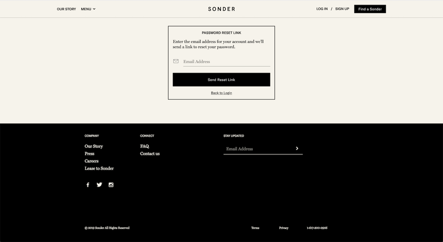 Screenshot of the Password Reset page from the Sonder website.