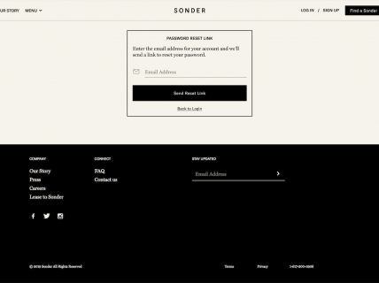 Screenshot of the Password Reset page from the Sonder website.