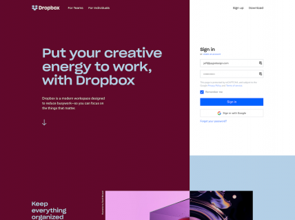Screenshot of the Home page from the Dropbox website.