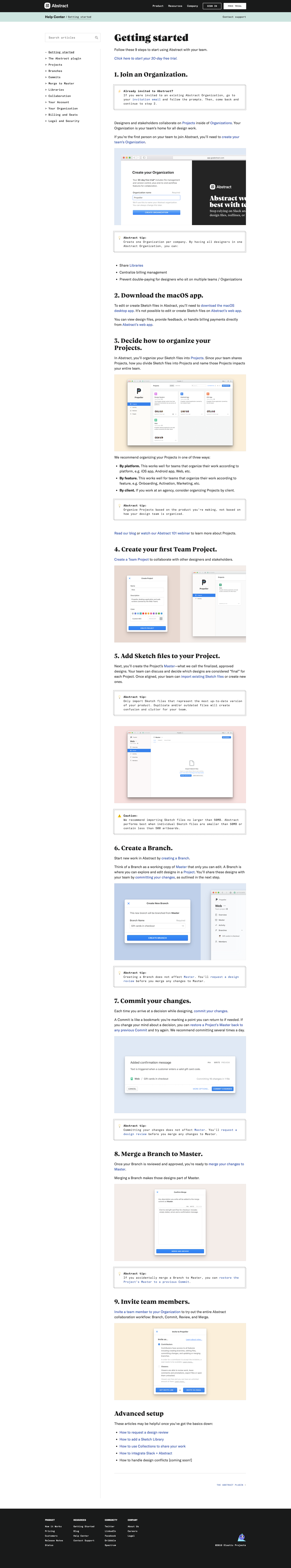 Screenshot of the Help - Getting Started page from the Abstract website.
