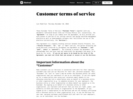 Screenshot of the Customer Terms of Service page from the Abstract website.