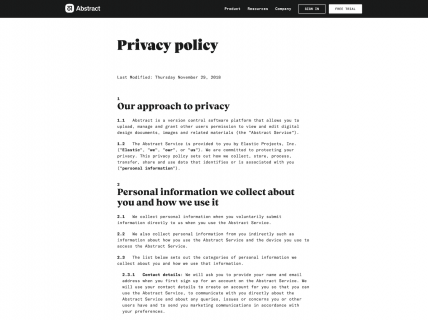 Screenshot of the Privacy Policy page from the Abstract website.