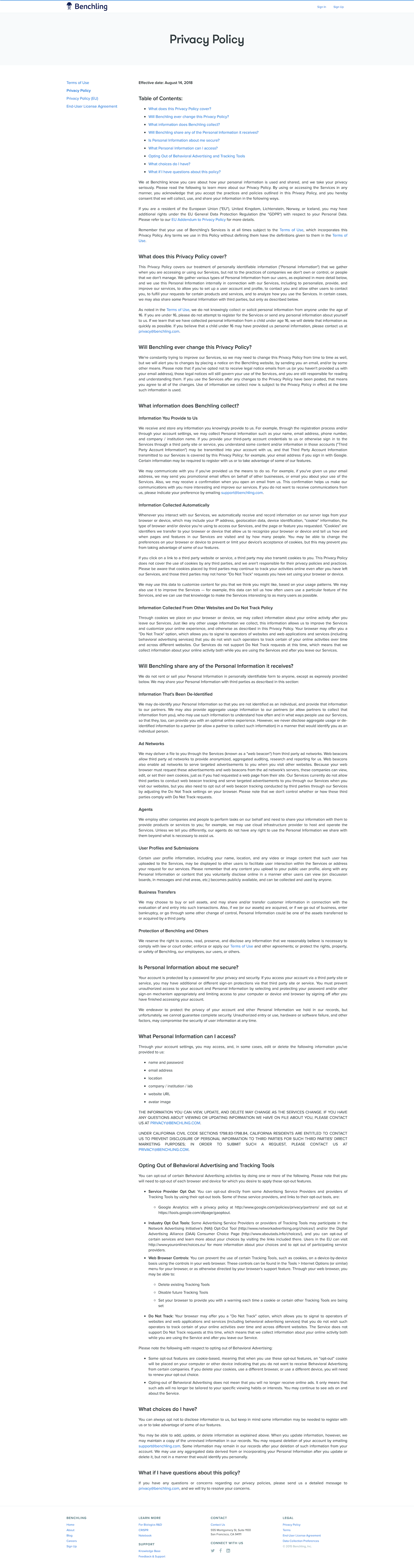 Screenshot of the Privacy Policy page from the Benchling website.