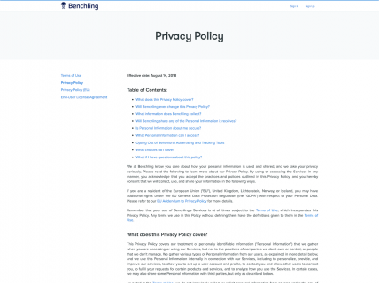 Screenshot of the Privacy Policy page from the Benchling website.