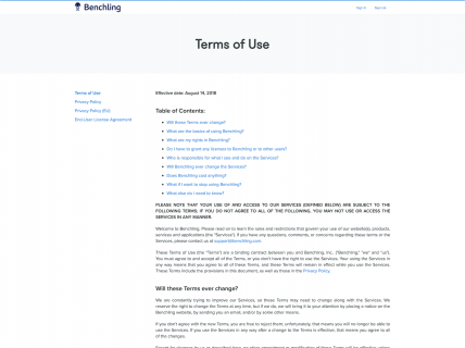 Screenshot of the Terms of Use page from the Benchling website.