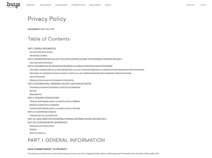 Screenshot of the Privacy Policy page from the Braze website.