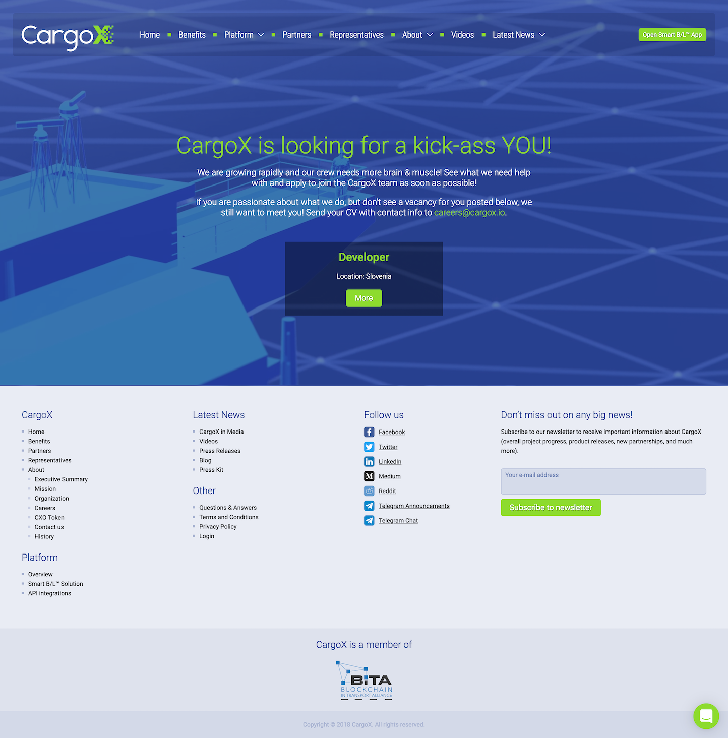 Screenshot of the Careers page from the CargoX website.