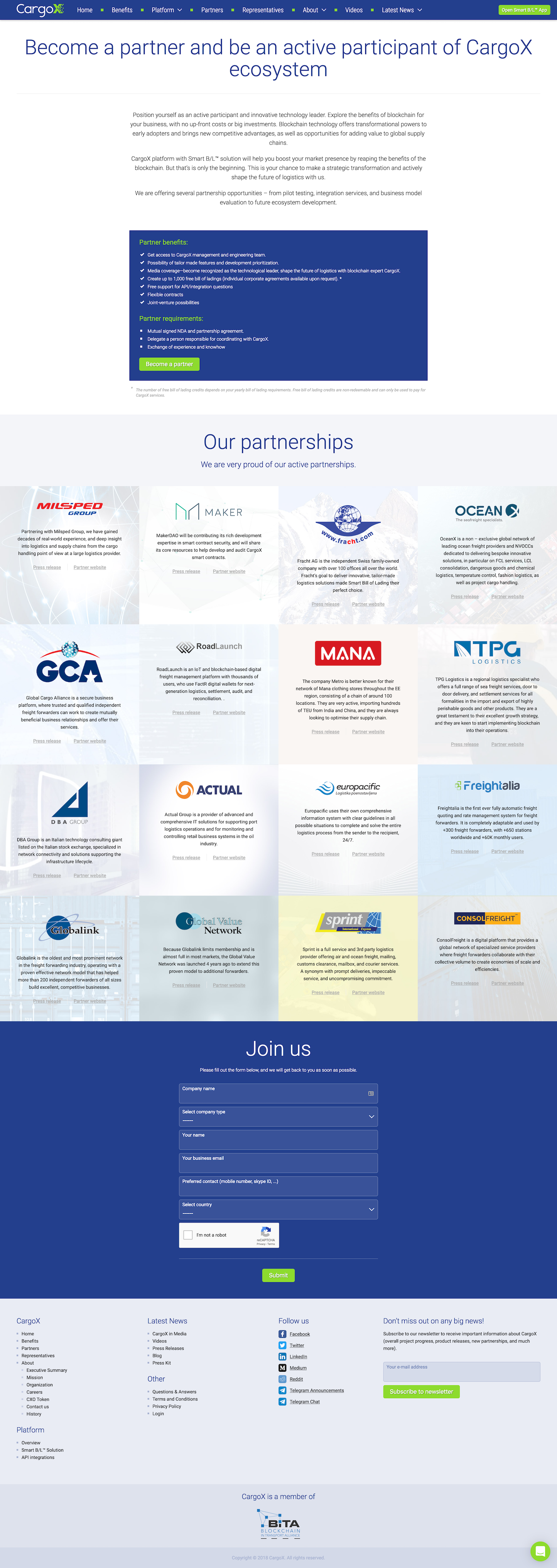 Screenshot of the Partners page from the CargoX website.