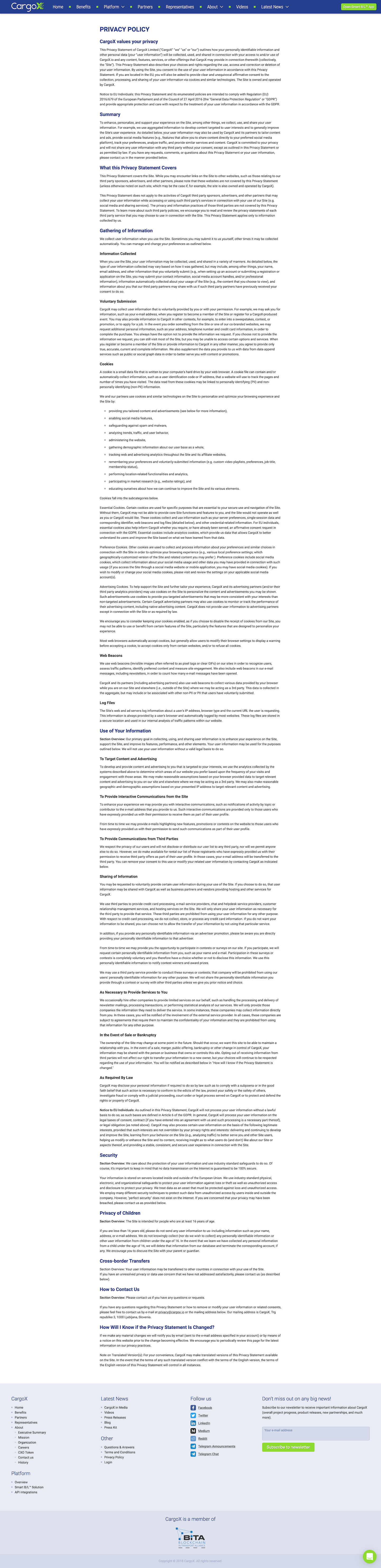 Screenshot of the Privacy Policy page from the CargoX website.