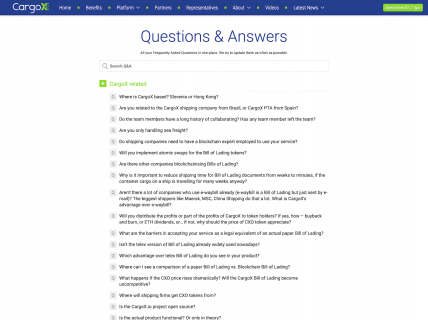 Screenshot of the Questions & Answers page from the CargoX website.