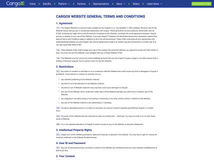 Screenshot of the Terms & Conditions page from the CargoX website.