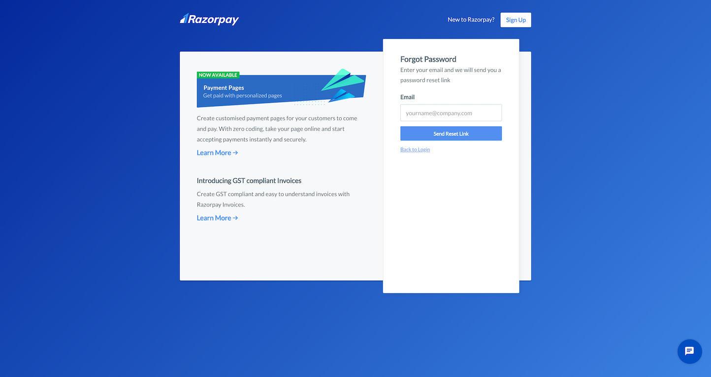 Screenshot of the Forgot Password page from the Razorpay website.
