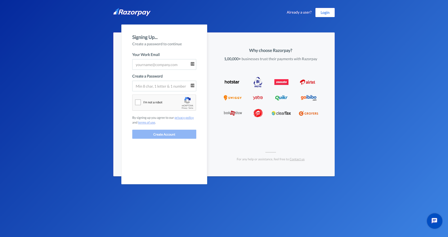 Screenshot of the Sign Up page from the Razorpay website.