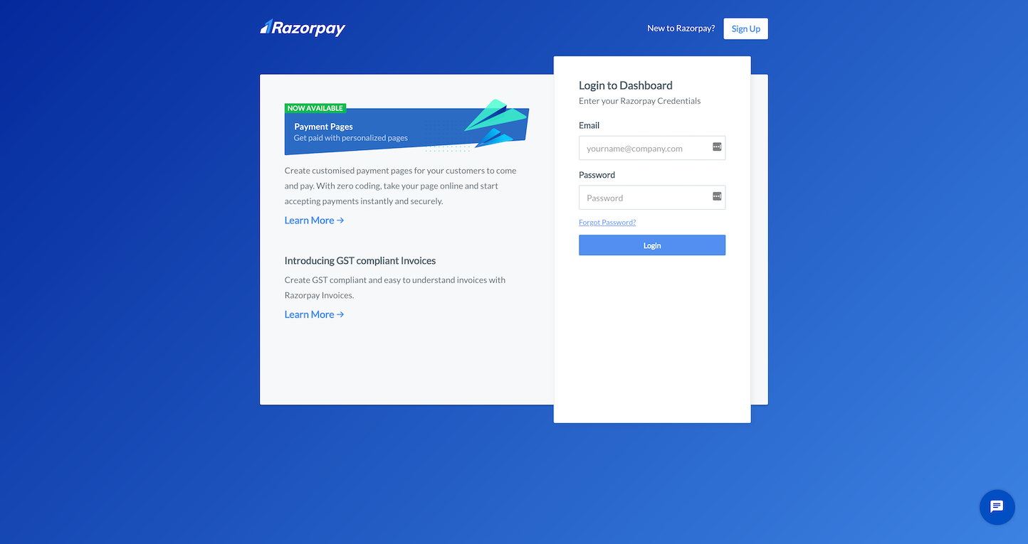 Screenshot of the Sign In page from the Razorpay website.