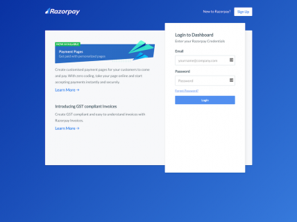 Screenshot of the Sign In page from the Razorpay website.