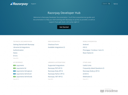 Screenshot of the Docs – Developer Hub page from the Razorpay website.
