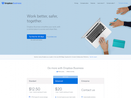Screenshot of the Business page from the Dropbox website.