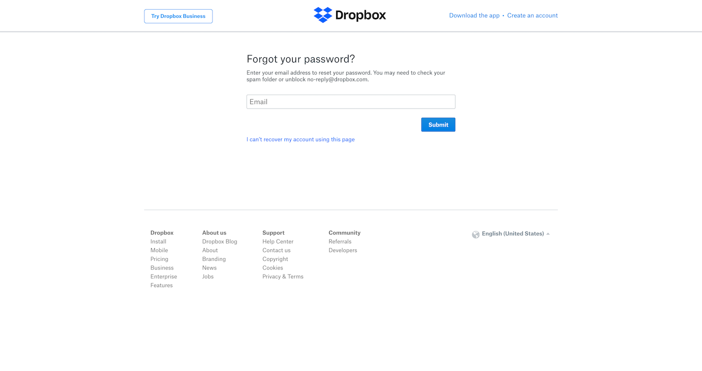 Screenshot of the Forgot Your Password page from the Dropbox website.