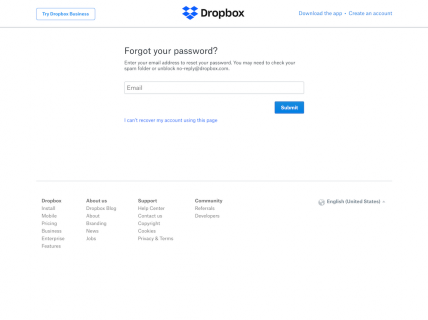 Screenshot of the Forgot Your Password page from the Dropbox website.
